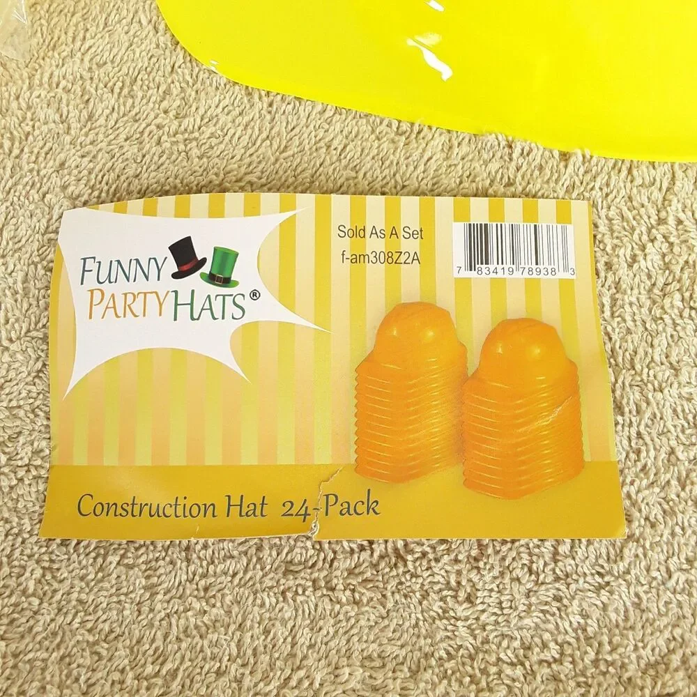 Child Sized, 24 Pack Party Hats, Construction Worker, Yellow Plastic, Kids Toys